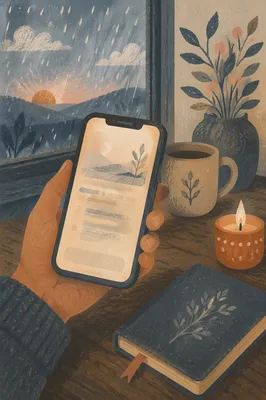 Hand Holding Smartphone by Rainy Window