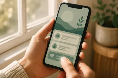 Hand Tapping Smartphone Wellness App Near Window