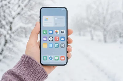 Hand Holding Smartphone in Snowy Winter Light
