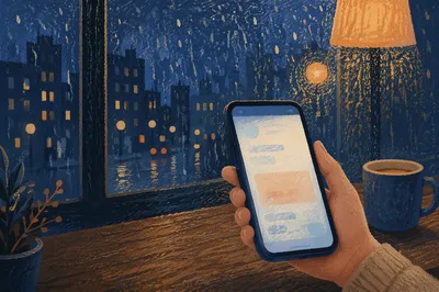 Hand Holding Smartphone by Rainy Cafe Window