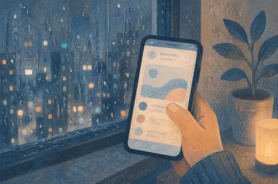 Hand Holding Smartphone by Rainy Window