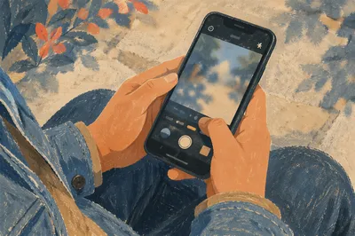 Hands Holding Smartphone in Sunlit Denim