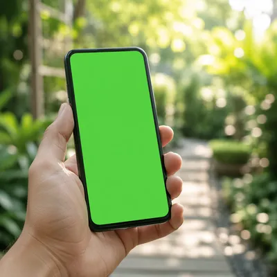 Hand Holding Smartphone With Green Screen