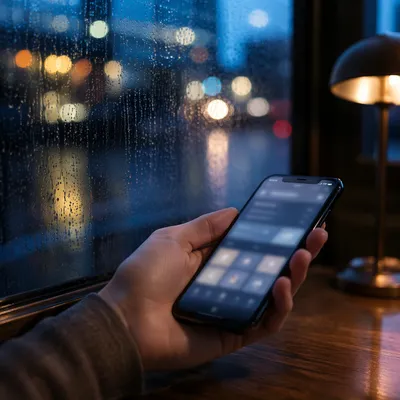 Hand Holding Smartphone by Rainy Cafe Window