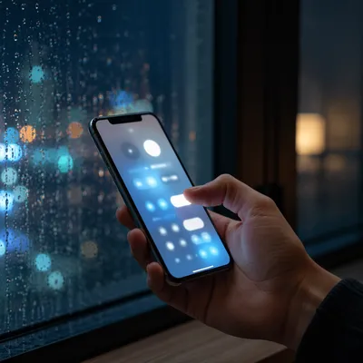 Hand Holding Smartphone by Rainy Window