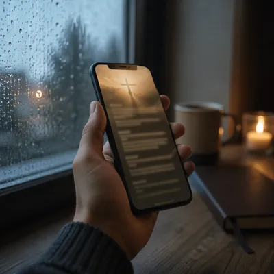 Hand Holding Smartphone by Rainy Window