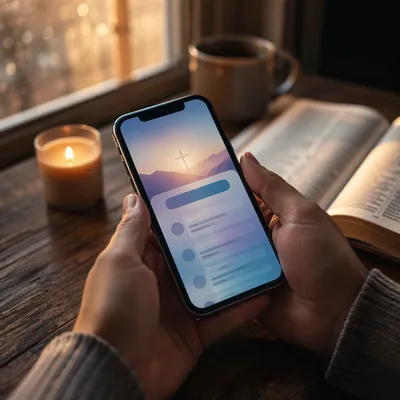 Hands Holding Smartphone Above Wooden Table