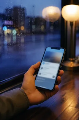 Hand Holding Smartphone by Rainy Cafe Window