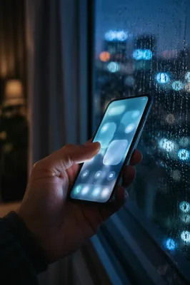 Hand Holding Smartphone by Rainy Window