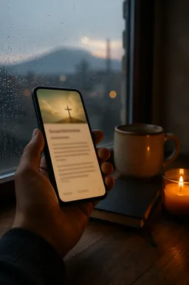 Hand Holding Smartphone by Rainy Window