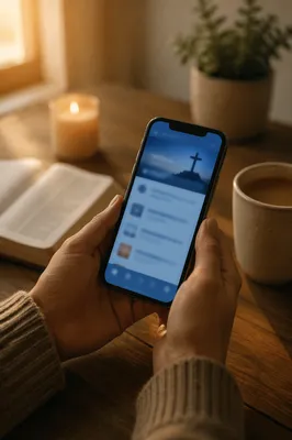 Hands Holding Smartphone Above Wooden Table