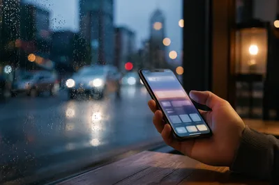 Hand Holding Smartphone by Rainy Cafe Window