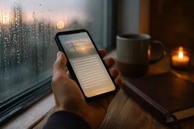 Hand Holding Smartphone by Rainy Window