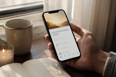 Hand Holding Smartphone by Window Desk