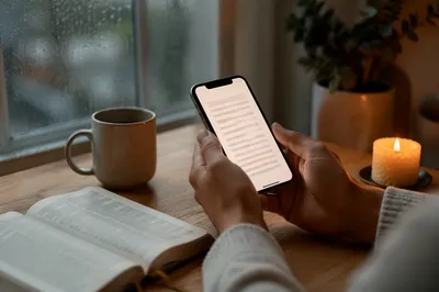 Morning Devotion on Smartphone by Candlelight