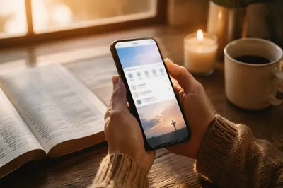 Hands Holding Smartphone on Wooden Table