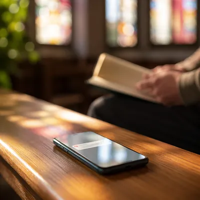 Smartphone Church App Notification in Sunlit Sanctuary