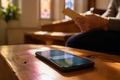Smartphone Church App Notification on Wooden Bench