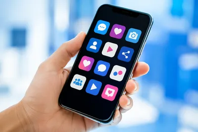Smartphone Social Icons on Blue Background