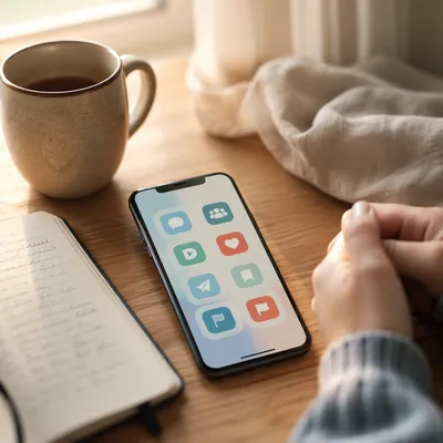 Mindful Smartphone Outreach on Wooden Desk