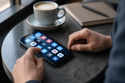 Smartphone Social Media Icons on Café Table