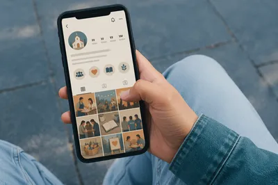 Hand Holding Smartphone Over Social Profile