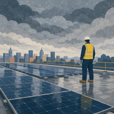 Rooftop Solar Technician Under Stormy Sky