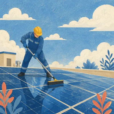 Worker Cleaning Rooftop Solar Panels