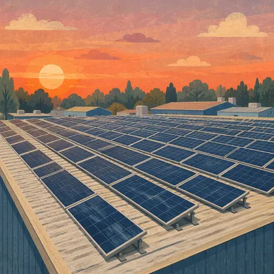 Industrial Rooftop Solar Panels at Sunset