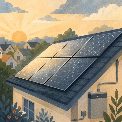Sunlit Rooftop Solar Panels at Dawn