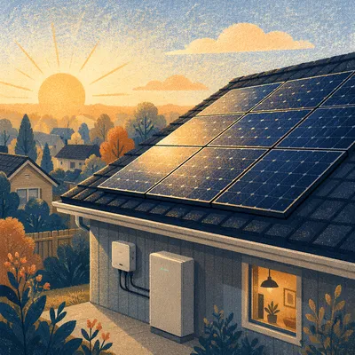 Morning Solar Panel Rooftop in Suburbia