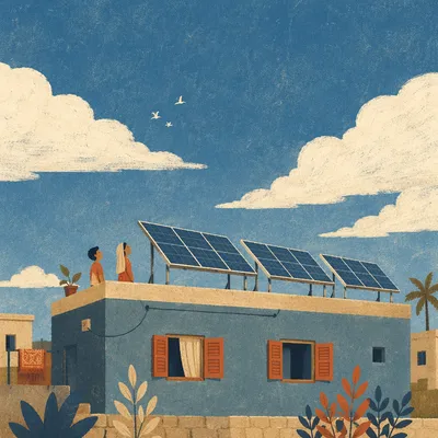 Rooftop Solar Panels Under Expansive Blue Sky