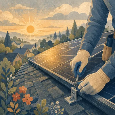 Morning Solar Panels on Suburban Rooftop