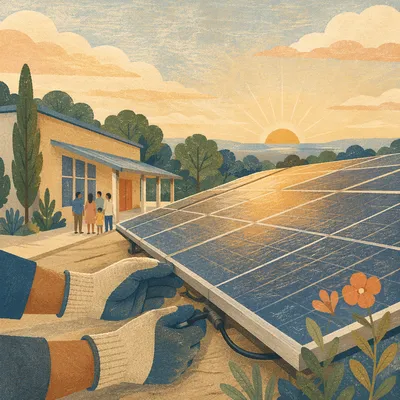 Rooftop Solar Panels at Peaceful Sunrise