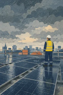 Rooftop Solar Technician Under Storm Clouds