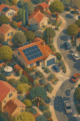 Solar Rooftop Neighborhood in Afternoon Light