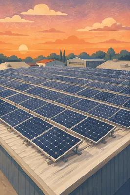 Sunset Solar Panels on Industrial Rooftop
