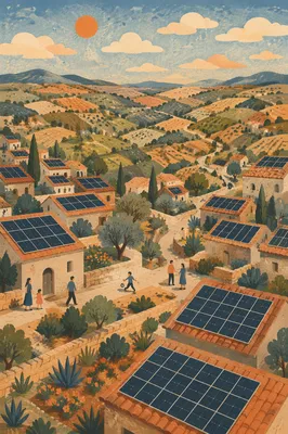 Aerial Rooftop Solar Panels at Sunset