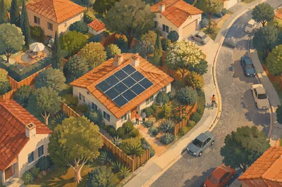 Suburban Rooftop Solar Panels at Golden Hour
