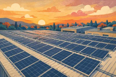 Solar Panels on Industrial Rooftop at Sunset