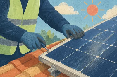 Technician Installing Rooftop Solar Panel in Sunlight