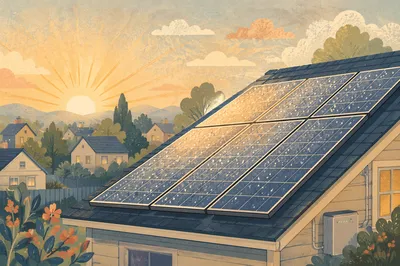 Sunlit Rooftop Solar Panels at Dawn
