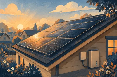 Suburban Rooftop Solar Panels at Sunrise
