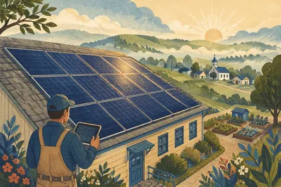 Rural Rooftop Solar Panels at Sunrise