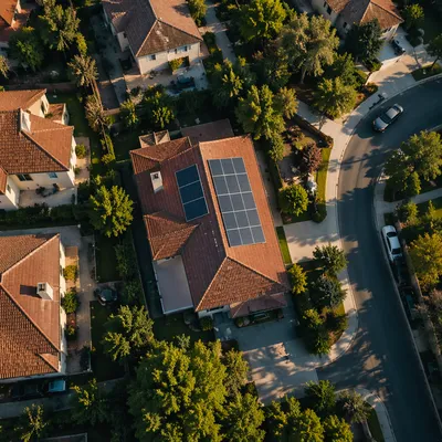 Solar Panel Rooftop in Suburban Neighborhood