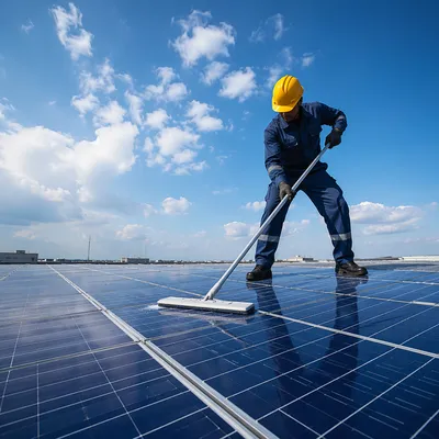 Rooftop Solar Panel Maintenance Under Bright Sky