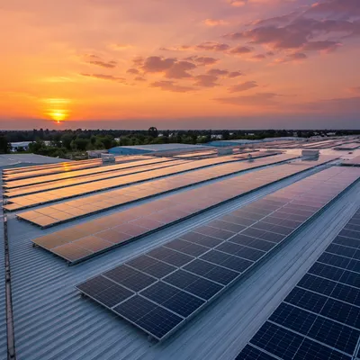 Sunset Solar Panels on Industrial Rooftop