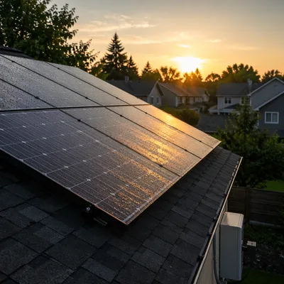 Sunrise Rooftop Solar Panels on Suburban Home