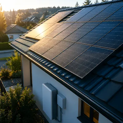 Modern Rooftop Solar Panels at Sunrise