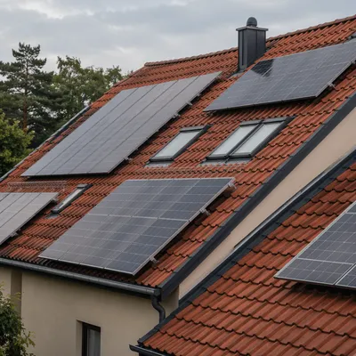 Terracotta Rooftop Solar Panels in Soft Daylight
